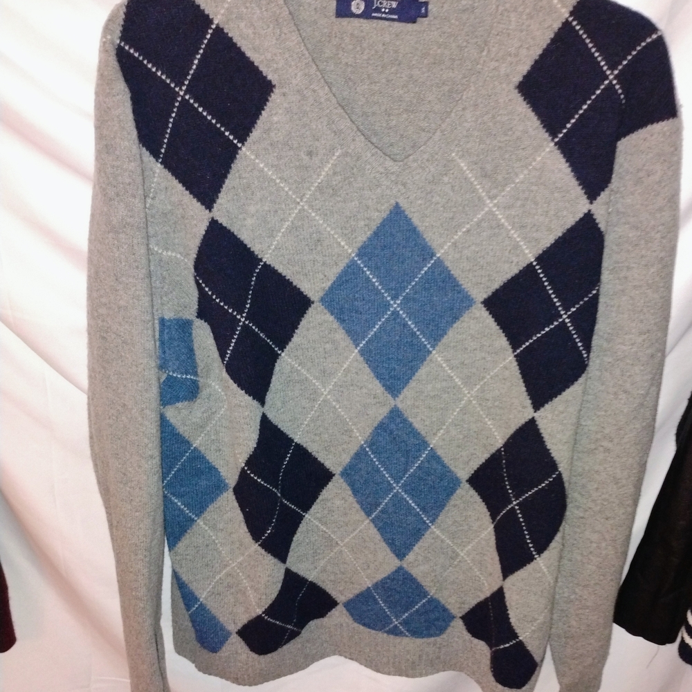 J. Crew V-Neck Sweater in Gray and Blue Argyle